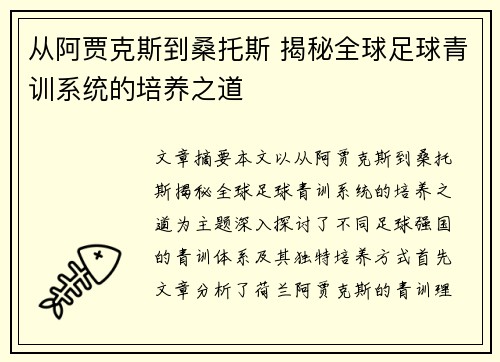 从阿贾克斯到桑托斯 揭秘全球足球青训系统的培养之道